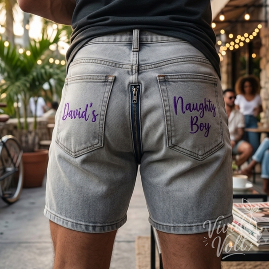 Men's Custom Embroidered Denim Party Shorts with Rear Zipper