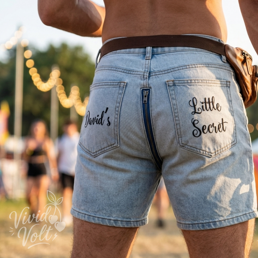 Mens Custom Embroidered Denim Party Shorts with Rear Zipper