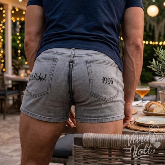 Mens Custom Embroidered Denim Party Shorts with Rear Zipper